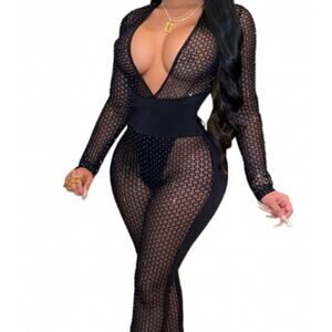 Transparent Detail Patchwork Contrast Panel - Long-sleeved sleeve Jumpsuit LARGE